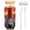 Alphynix Gobelet en verre avec couvercle en bambou et paille 500 ml - Lapin et fleurs image 1
