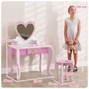 AIYAPLAY Kids Dressing Table Set, 2-Piece Girls Vanity Table with Mirror, Stool, Drawer, Storage, Desktop, Heart-Themed Makeup Desk and Chair, Pink image 7
