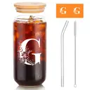 Alphynix 1pc Modern Glass Cup, 500ml Tall Iced Coffee Glass with Monogram "G" Design, Bamboo Lid & Straw, Cold Drink Tumbler for Iced Tea, Juice, Boba image 0