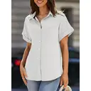 Women's Short Sleeve Shirts V Neck Collared Button Down Shirt Tops with Pockets (White, M) image 1