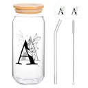Alphynix 1pc Modern Glass Cup, 500ml Tall Iced Coffee Glass with Monogram "A" Design, Bamboo Lid & Straw, Cold Drink Tumbler for Iced Tea, Juice, Boba image 0
