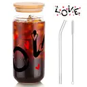 Alphynix 1pc LOVE Heart Glass Tumbler, 500ml Clear Iced Drink Cup with Creative Letter Design (Heart O, Dual-Heart V), Includes Bamboo Lid & Glass Straw, Romantic Gift image 1