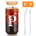 Alphynix 1pc Modern Glass Cup, 500ml Tall Iced Coffee Glass with Monogram "P" Design, Bamboo Lid & Straw, Cold Drink Tumbler for Iced Tea, Juice, Boba image 0