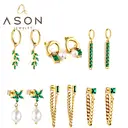 Gold Tone Open Hoop Earrings with Emerald Green CZ and Pearl, Geometric Dangle Studs image 3