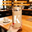 Alphynix 1pc Modern Glass Cup, 500ml Tall Iced Coffee Glass with Monogram "K" Design, Bamboo Lid & Straw, Cold Drink Tumbler for Iced Tea, Juice, Boba image 2