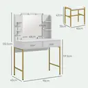 HOMCOM Dressing Table with Lighted Mirror, Cushioned Stool, Drawers, Shelves, LED Makeup Vanity Desk Set, Modern Dresser Vanity Table for Bedroom, White image 2