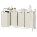 JOYFURNOS Panier à Linge à 4 Compartiments, Sacs Intérieurs Amovibles et Coulissants, Trieur de Vêtements avec Étagère, Structure Métallique, 4 x 40 L, 116 x 33 x 72 cm, Blanc Crème et Blanc Mat image 1
