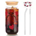 Alphynix 1pc “You Are My Soulmate” Glass Tumbler, 500ml Clear Cup with Red Hearts & Bird Design, Includes Wood Lid & Glass Straw, Valentine‘s Day Gift for Couples image 1