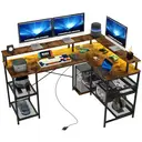 HOMCOM L Shaped Gaming Desk with LED Lights and Power Outlets, 150cm Corner Computer Desk with Monitor Stand and Storage Shelves, Home Office Desk for Small Space, Rustic Brown image 0