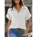 Women's Short Sleeve Shirts V Neck Collared Button Down Shirt Tops with Pockets (White, S) image 2