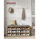 VASAGLE Shoe Bench, 15 Open Storage Compartments, 105x30x48cm, Oak with Blue Grains and Grey image 1