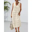 Robe de femme en crochet à manches amovibles en maille ouverte à col en V pour printemps, été, vacances et usage quotidien Blanc cassé Taille S image 2