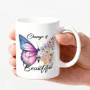 Alphynix 1pc 11oz White Mug with "Change is Beautiful" Quote & Butterfly-to-Flowers Transformation Design, Uplifting Metaphor Christmas or Thanksgiving Gift image 2