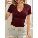 Women's Summer Sexy Short Sleeve Tshirt Tops Deep V Neck Shirts Casual Slim fit Basic T-Shirt Tee (winered， S) image 1