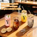 Alphynix 1pc Modern Glass Cup, 500ml Tall Iced Coffee Glass with Monogram "Y" Design, Bamboo Lid & Straw, Cold Drink Tumbler for Iced Tea, Juice, Boba image 2