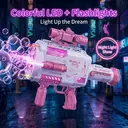 Tokky Pink Gatling Bubble Gun, 48-Hole Automatic Bubble Machine with Colorful LED Lights, USB Charging & 360° Leak-Proof Design, Tactical Appearance Girl's Toy, Suitable for Weddings, Parties, Birthday Gifts image 7
