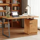 HOMCOM Computer Desk, Writing Desk with Metal Legs, Cabinet, Drawerand Adjustable Shelf, Work Table for Study Home Office, 135L x 60W x 75H cm, Natural Wood Finish image 1