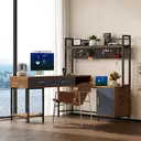 Bureau en forme de L de style industriel, construction en acier et bois, cadre en métal antirouille, avec tiroirs, noir + teinte bois. image 2
