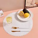 White Label 6 pieces, round 38cm woven placemats,Polyester patchwork outer ring three-strand placemat  White， anti-slip polyester Nordic placemats, suitable for home, kitchen, and dining table use, perfect for holiday parties, birthdays, weddings, and dinners image 3