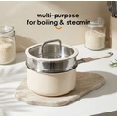 PURECOOK Colored Ceramic-Coated 316 Stainless Steel 2-Piece Milk Pot with Steamer Insert Series | 316 Milk Pot (Exterior: Off-White Ceramic Coating, Interior: 316 Stainless Steel), Stainless Steel Handle Wrapped in Silicone, Earless Steamer Insert, with Silicone Glass Lid image 0