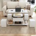 Table 100x50x48 cm, réglable en hauteur, avec roulettes, 4 tabourets & rangement – peut être utilisée comme table basse, table à manger ou table de travail, blanc image 3