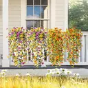 4Pcs 29.5in/75cm
Artificial Faux Hanging Flowers Plants for Outdoor Decor Outside Fake Mums Violets with Eucalyptus Realistic Daisy Trailing Vines for Yard Balcony Porch Decor(yellow&purple) image 3