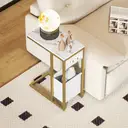 HOMCOM Table d'appoint avec station de charge, bout de canapé étroit forme C avec sac de rangement en tissu, plateau aspect marbre, cadre en acier, table basse pour salon, chambre, 46x25x62,5cm, blanc image 1