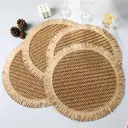 Papyrus + Papyrus Tassel Khaki，6pcs Boho Natural paper Round Placemats with Fringe - 38cm Farmhouse Table Mats for Indoor & Outdoor Dining, Hand Wash Only, Boho Dining Decor, Textured Table Setting,paper Composition image 1