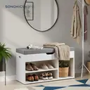 Ochama x SONGMICS Storage Bench with Cushion, Shoe Bench with Padded Seat, Entryway Bench with 3 Compartments, Hidden Storage, Shelves, White image 3