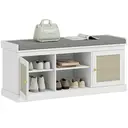 HOMCOM Shoe Bench with Padded Cushion, Boho Shoe Storage Bench with Rattan Doors, Open Shelves and Adjustable Shelves for Hallway, Entryway, Holds 9 Pairs, White image 0