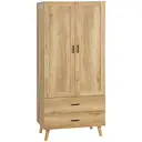HOMCOM Modern 2-Door Wardrobe with 2 Drawers and Rail, Deep Clothes Storage Unit for Bedroom, 80 x 54 x 180 cm, Natural image 0