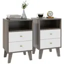 HOMCOM Bedside Tables Set of 2, Modern Nightstand with 2 Drawers and Open Cubby, Sofa Side End Table for Bedroom, 40 x 34 x 64cm, Grey image 0