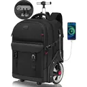 Trolley Backpack with Wheels， 17.3 Inch Trolley Backpack with Large Wheels， 50L Travel Backpack with Wheels Including USB Charging Port & Combination Lock， Waterproof for Work Travel， Black image 0