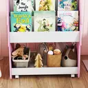 AIYAPLAY Kids Bookshelf, 3 Tier Childrens Bookcase with Wheels, Double-Sided Kids Book Rack with Toy Storage for Playroom, Bedroom, Nursery, Classroom, Pink image 3