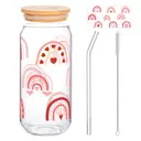 Alphynix 1pc Rainbow Love Glass Tumbler, 500ml Valentine‘s Day Gift with Colorful Hearts & Dots, Glass Straw & Wood Lid, Romantic Iced Drink Cup for Her/Him image 0