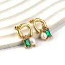 Gold Tone Open Hoop Earrings with Emerald Green CZ and Pearl, Geometric Dangle Studs image 2