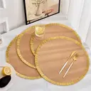 White Label 6-piece set, PP-woven bright thread tassel placemat Straw Yellow + Gold Tassel，round 38cm, hand-woven with PP material, perfect for wiping and cleaning, and shining at holiday parties and weddings image 5