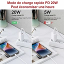 Dpower J8267 20W PD - 2 Ports USB-C/USB-A avec Câbles Lightning et USB-C, Compact, Compatible iPhone, iPad, Samsung, Blanc, Garantie 2 Ans image 3