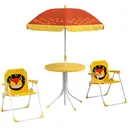 Outsunny Kids Bistro Set Children Table and Chair Set Garden Furniture Lion Themed 4 Pieces w/ Adjustable Parasol, Foldable Chairs for 2-5 Years – Yellow image 0