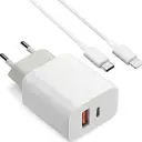 Dpower J8267 20W PD - 2 Ports USB-C/USB-A avec Câbles Lightning et USB-C, Compact, Compatible iPhone, iPad, Samsung, Blanc, Garantie 2 Ans image 0
