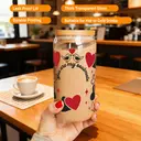 Alphynix 1pc “You Are My Soulmate” Glass Tumbler, 500ml Clear Cup with Red Hearts & Bird Design, Includes Wood Lid & Glass Straw, Valentine‘s Day Gift for Couples image 3