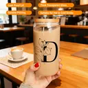 Alphynix 1pc Modern Glass Cup, 500ml Tall Iced Coffee Glass with Monogram "D" Design, Bamboo Lid & Straw, Cold Drink Tumbler for Iced Tea, Juice, Boba image 3