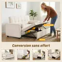 HOMCOM Canapé convertible 2 places 3 en 1, canapé-lit capitonné, lit gigogne double, dossier réglable, 2 coussins et poches d'accoudoirs, tissu aspect lin, pour chambre, beige image 3