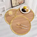White Label 6-piece set, PP-woven bright thread tassel placemat Straw Yellow + Gold Tassel，round 38cm, hand-woven with PP material, perfect for wiping and cleaning, and shining at holiday parties and weddings image 2