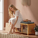 HOMCOM Bamboo Shoe Bench with Seat for Two People, 102cm Modern Entryway Shoe Bench with Open Shelf for Entryway Hallway Bedroom, Natural Wood Finish image 1