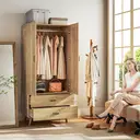 HOMCOM Modern 2-Door Wardrobe with 2 Drawers and Rail, Deep Clothes Storage Unit for Bedroom, 80 x 54 x 180 cm, Natural image 1