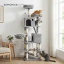 SONGMICS Arbre à chat avec 13 poteaux à griffer, 1 rampe, 2 perchoirs, 2 niches, panier, hamac, pompons, gris clair - 168 cm image 3