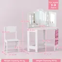 AIYAPLAY Kids Dressing Table and Stool Set, Girls Vanity Table with 2-Colour LED Lights, Tri-Folding Mirror and Side Storage Pocket, Children Makeup Desk for Ages 3-8 Years, White image 8