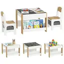 HOMCOM 3 Piece Kids Table and Chair Set, 3 in 1 Design Kids Desk and Chair Set with Blackboard, Storage, Bookshelves, for Nursery, Playroom, Classroom - Natural Wood image 0