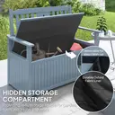 Outsunny 2 Seater Garden Storage Bench, 164L Outdoor Storage Box with Backrest Flower Pattern, Wooden Garden Bench with Armrests, 125 x 68.5 x 97cm, Grey image 4